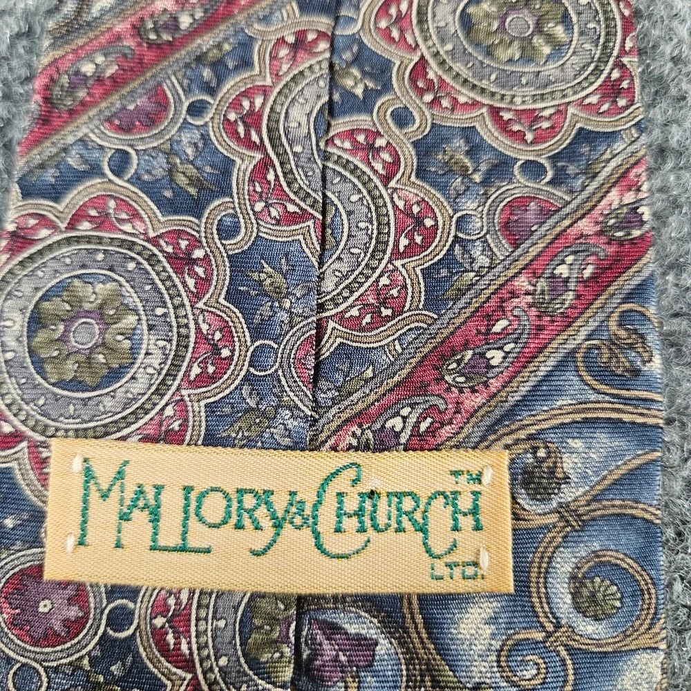 Mallory Church Silk Tie Made in USA Paisley Medallion Blue Red Gold Vintage Styl